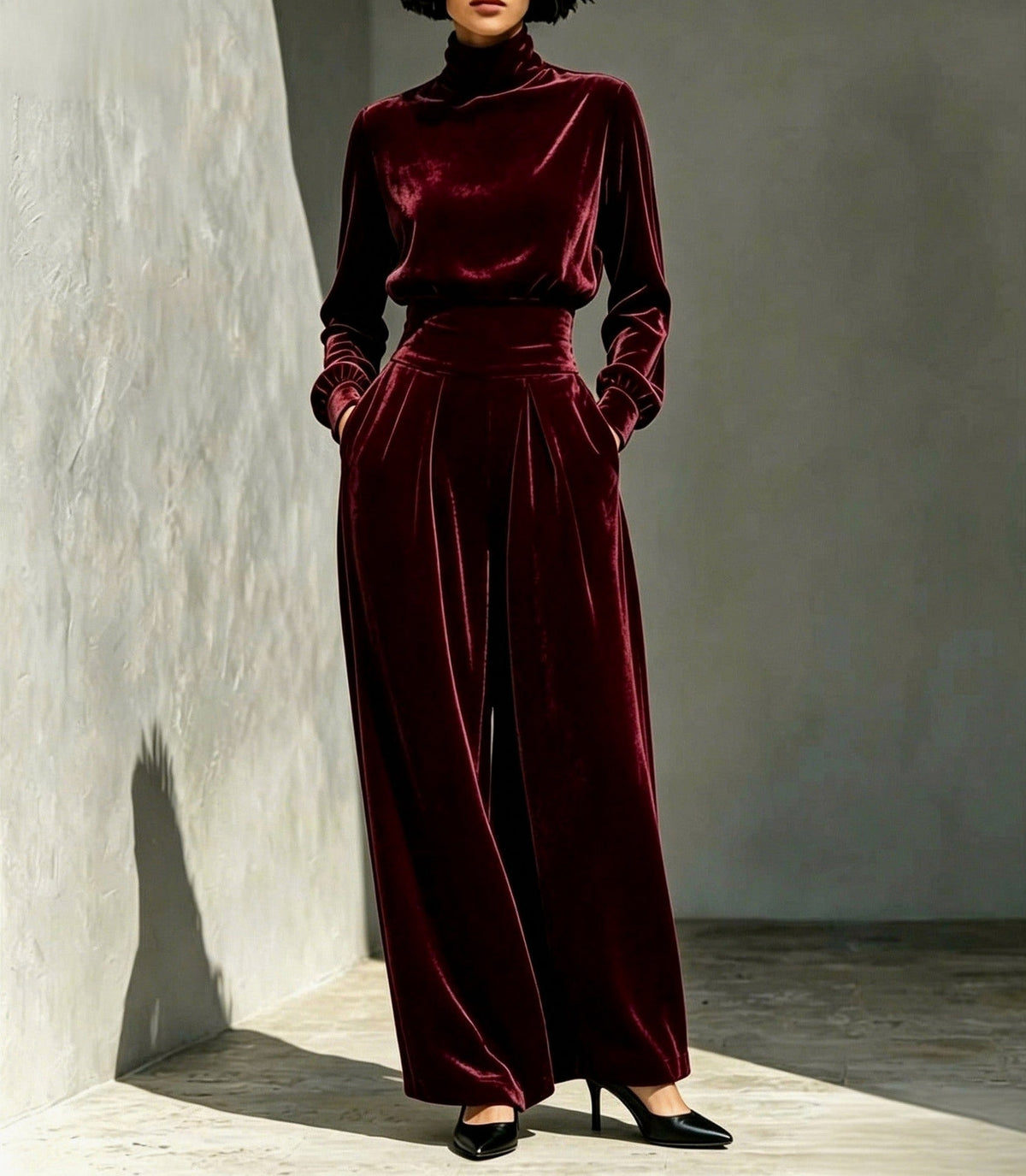 Velvet Turtleneck Top and Wide Leg Trousers Set