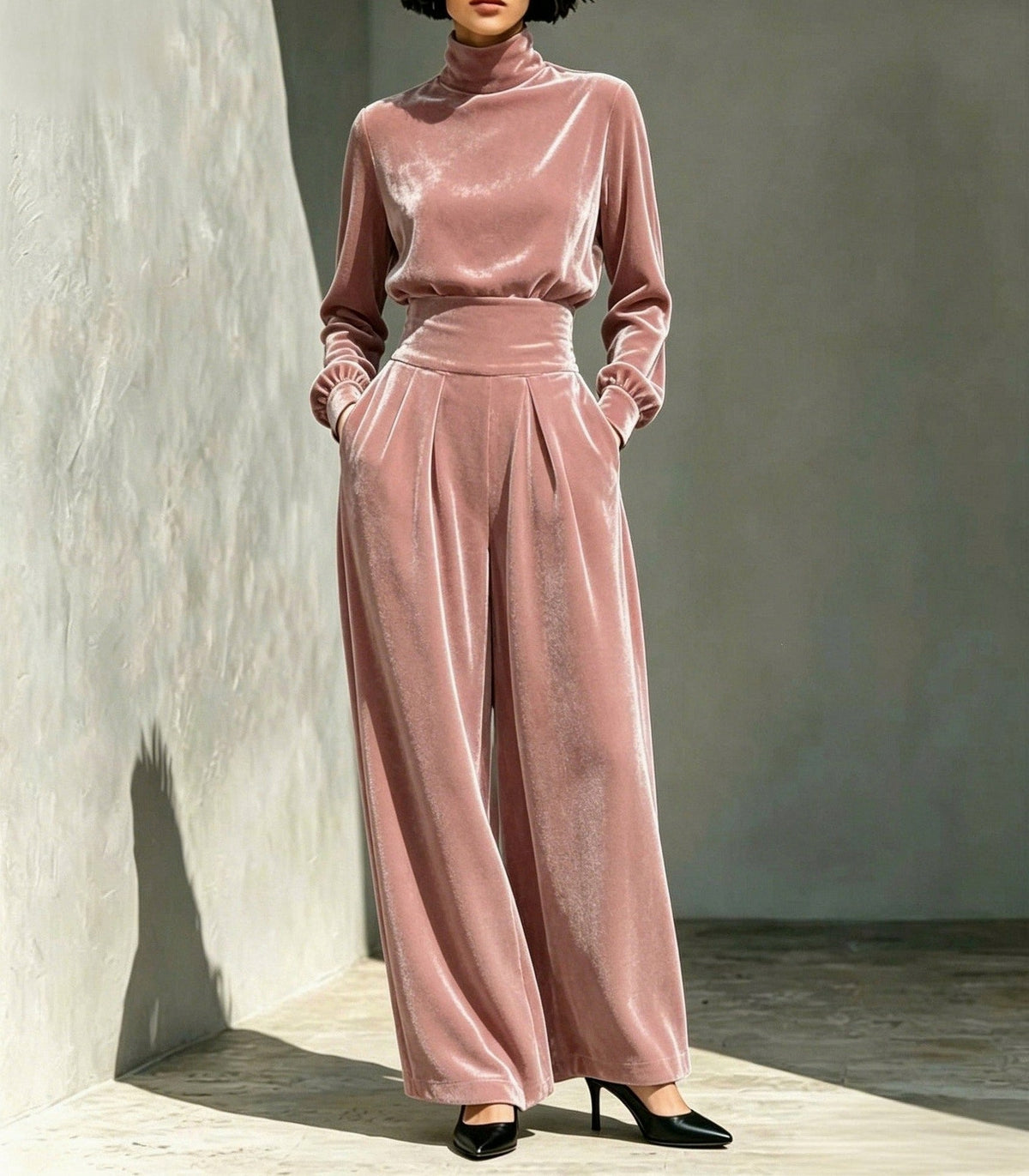 Velvet Turtleneck Top and Wide Leg Trousers Set