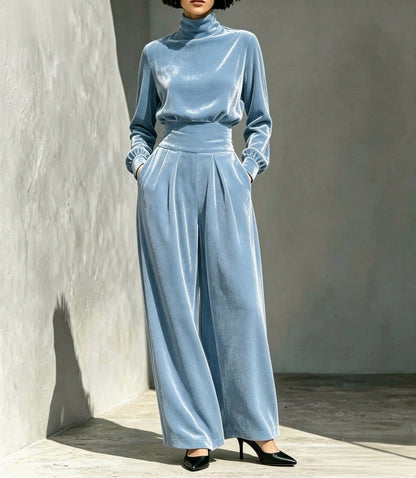 Velvet Turtleneck Top and Wide Leg Trousers Set