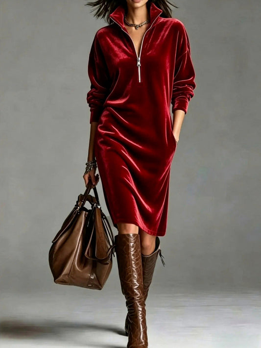 Velvet Long Sleeve Zip Midi Dress