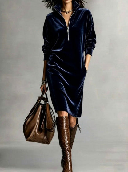 Velvet Long Sleeve Zip Midi Dress