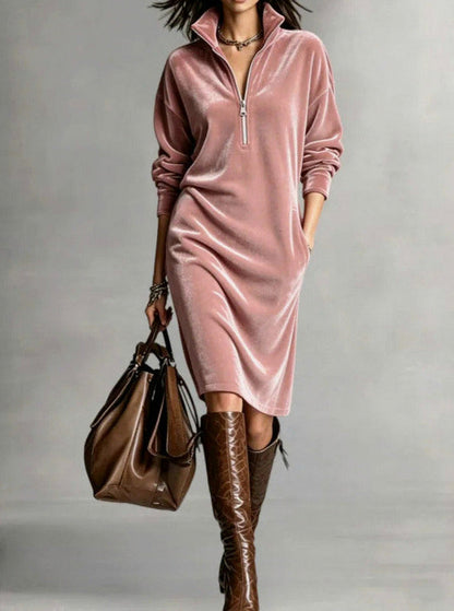 Velvet Long Sleeve Zip Midi Dress