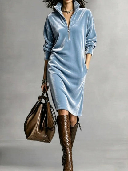 Velvet Long Sleeve Zip Midi Dress