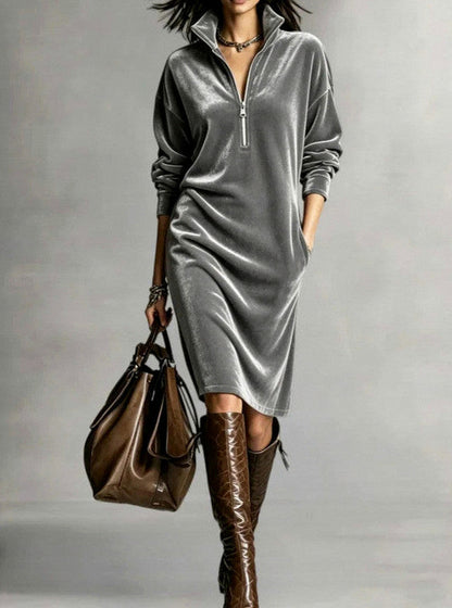 Velvet Long Sleeve Zip Midi Dress