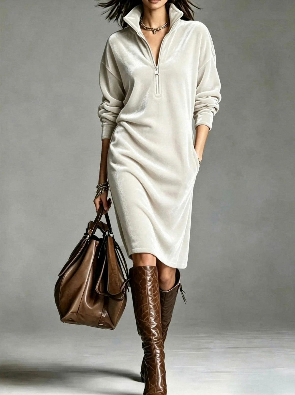 Velvet Long Sleeve Zip Midi Dress