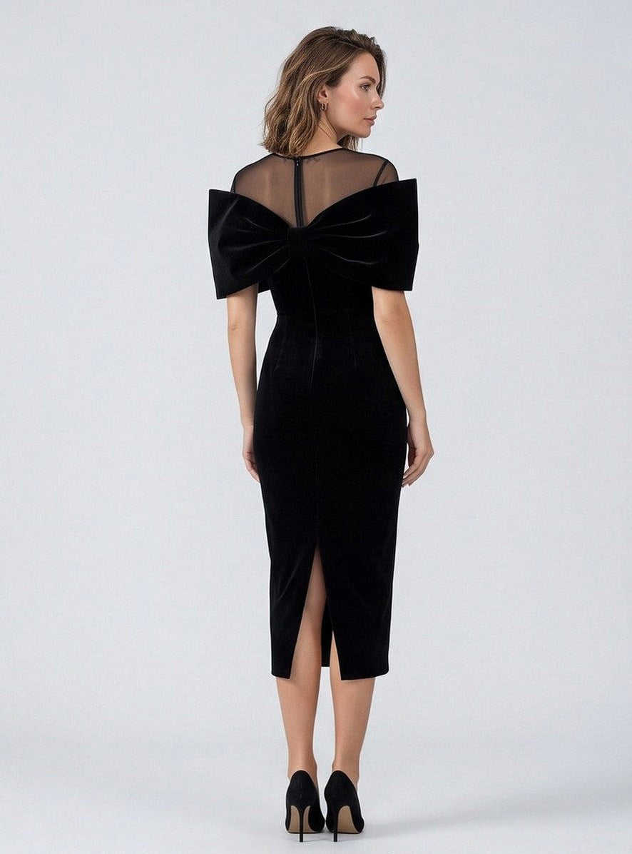 Velvet Mesh Bow Midi Dress