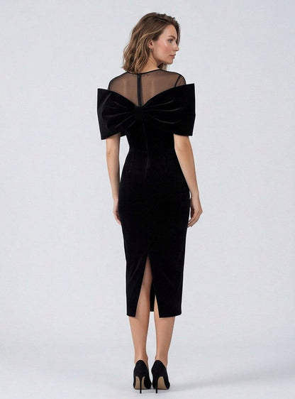 Velvet Mesh Bow Midi Dress