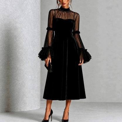 Velvet Mesh Long Sleeve Midi Dress