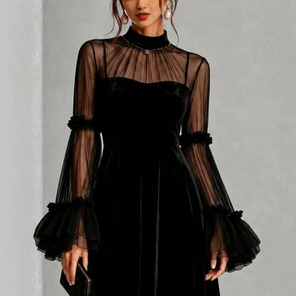 Velvet Mesh Long Sleeve Midi Dress