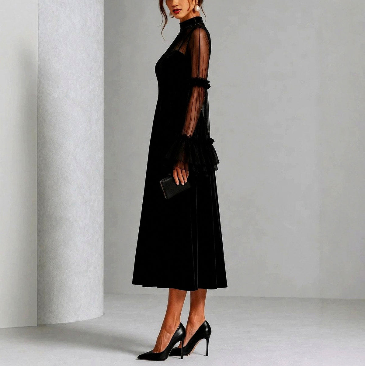 Velvet Mesh Long Sleeve Midi Dress