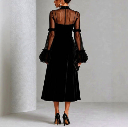 Velvet Mesh Long Sleeve Midi Dress