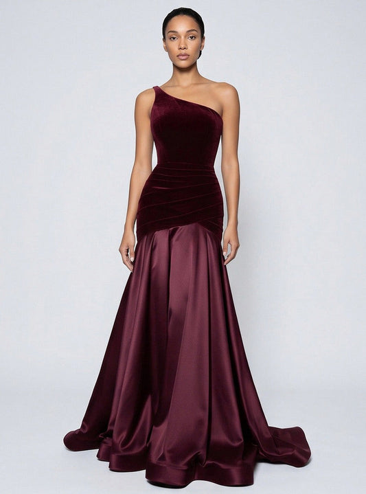 Velvet One Shoulder Satin Maxi Dress