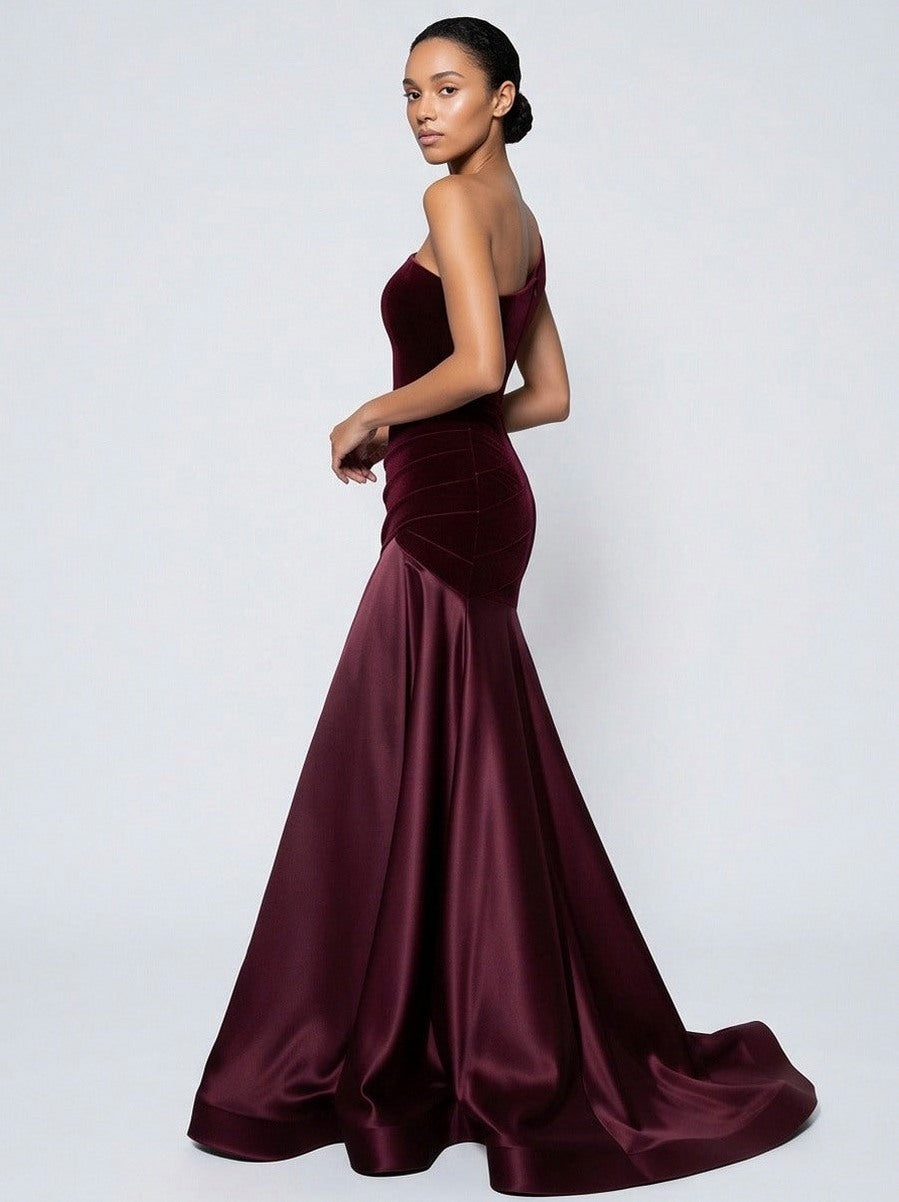 Velvet One Shoulder Satin Maxi Dress