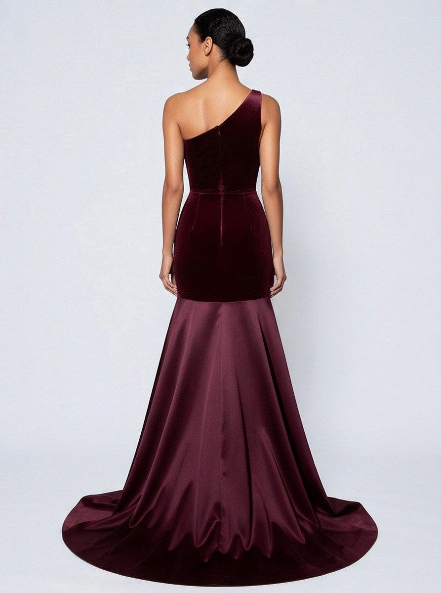 Velvet One Shoulder Satin Maxi Dress