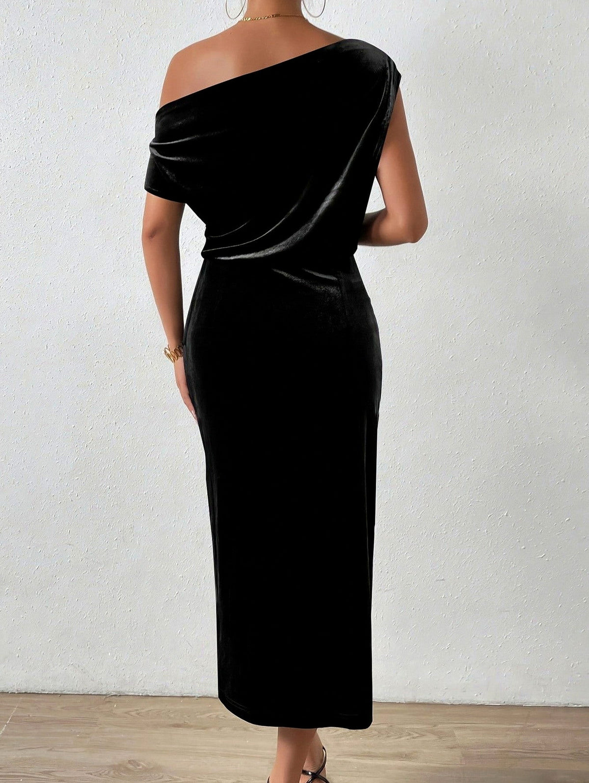 Velvet Ruched Draped Midi Dress