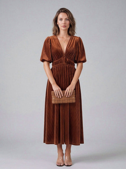 Velvet Short Sleeve Pleated Midi Dress