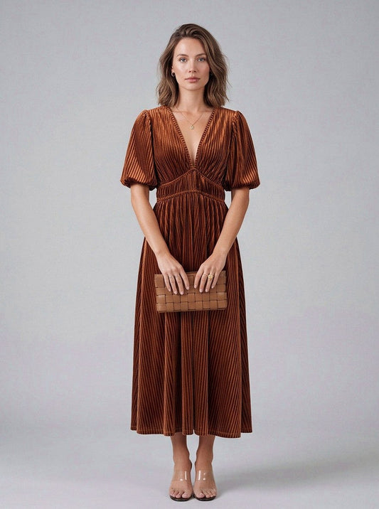 Velvet Short Sleeve Pleated Midi Dress