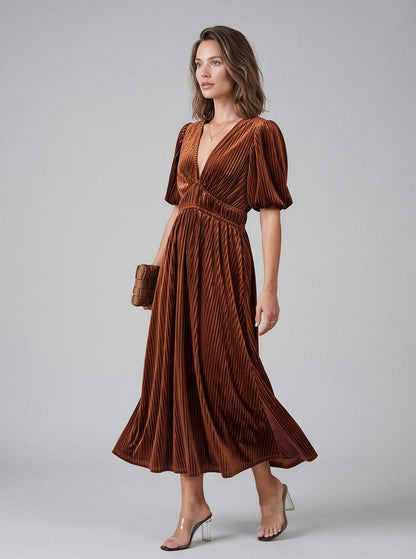 Velvet Short Sleeve Pleated Midi Dress