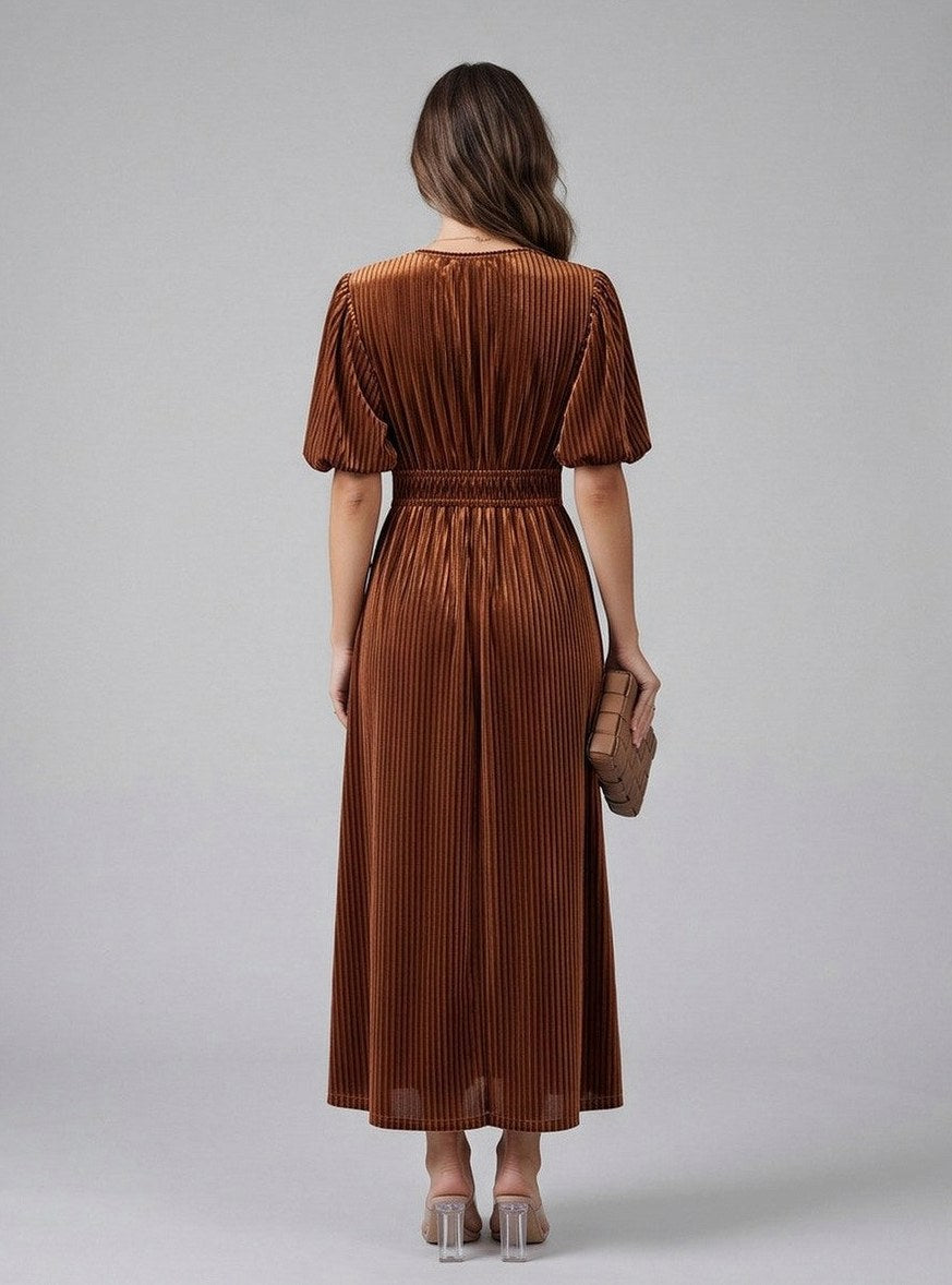Velvet Short Sleeve Pleated Midi Dress