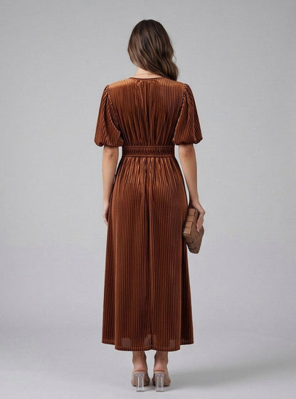 Velvet Short Sleeve Pleated Midi Dress
