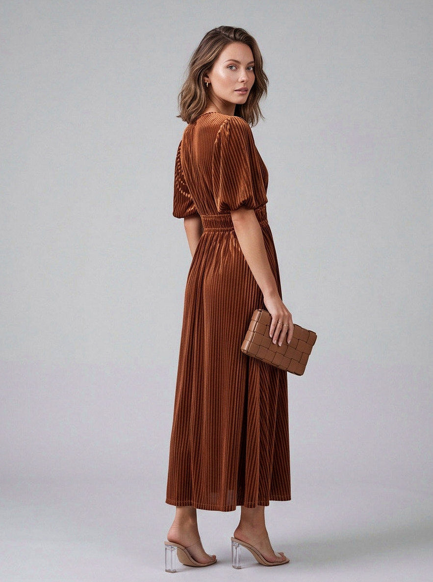 Velvet Short Sleeve Pleated Midi Dress