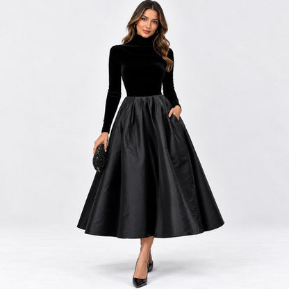 Velvet Turtleneck Long Sleeve Midi Dress