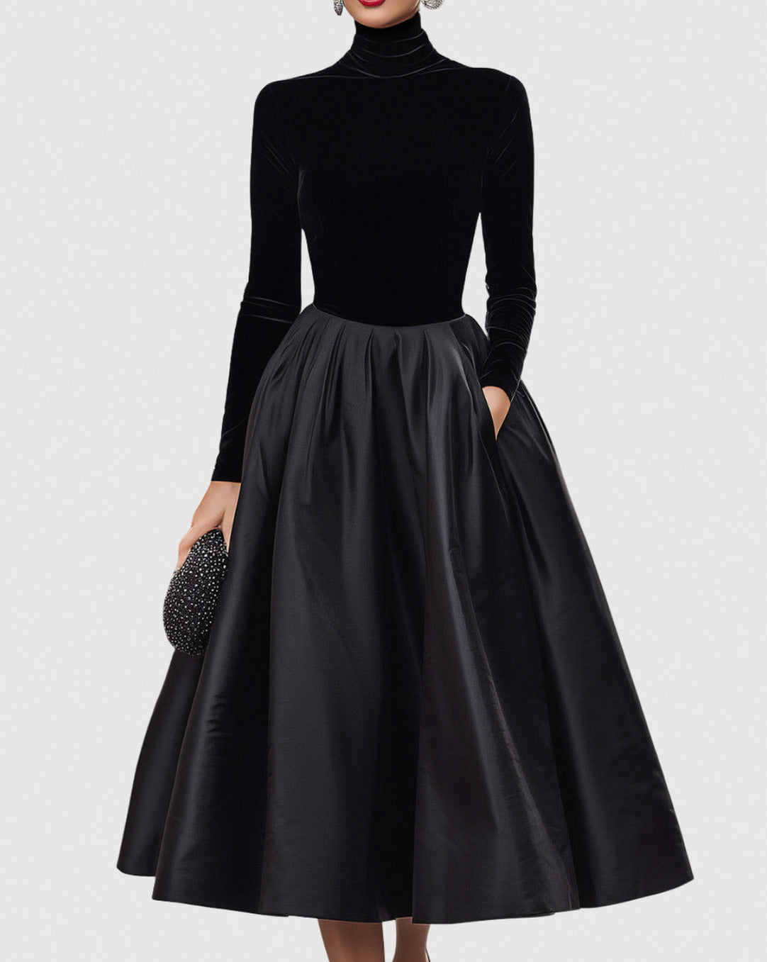 Velvet Turtleneck Long Sleeve Midi Dress