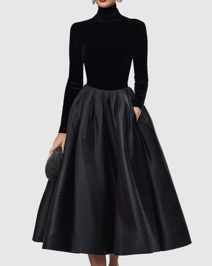 Velvet Turtleneck Long Sleeve Midi Dress