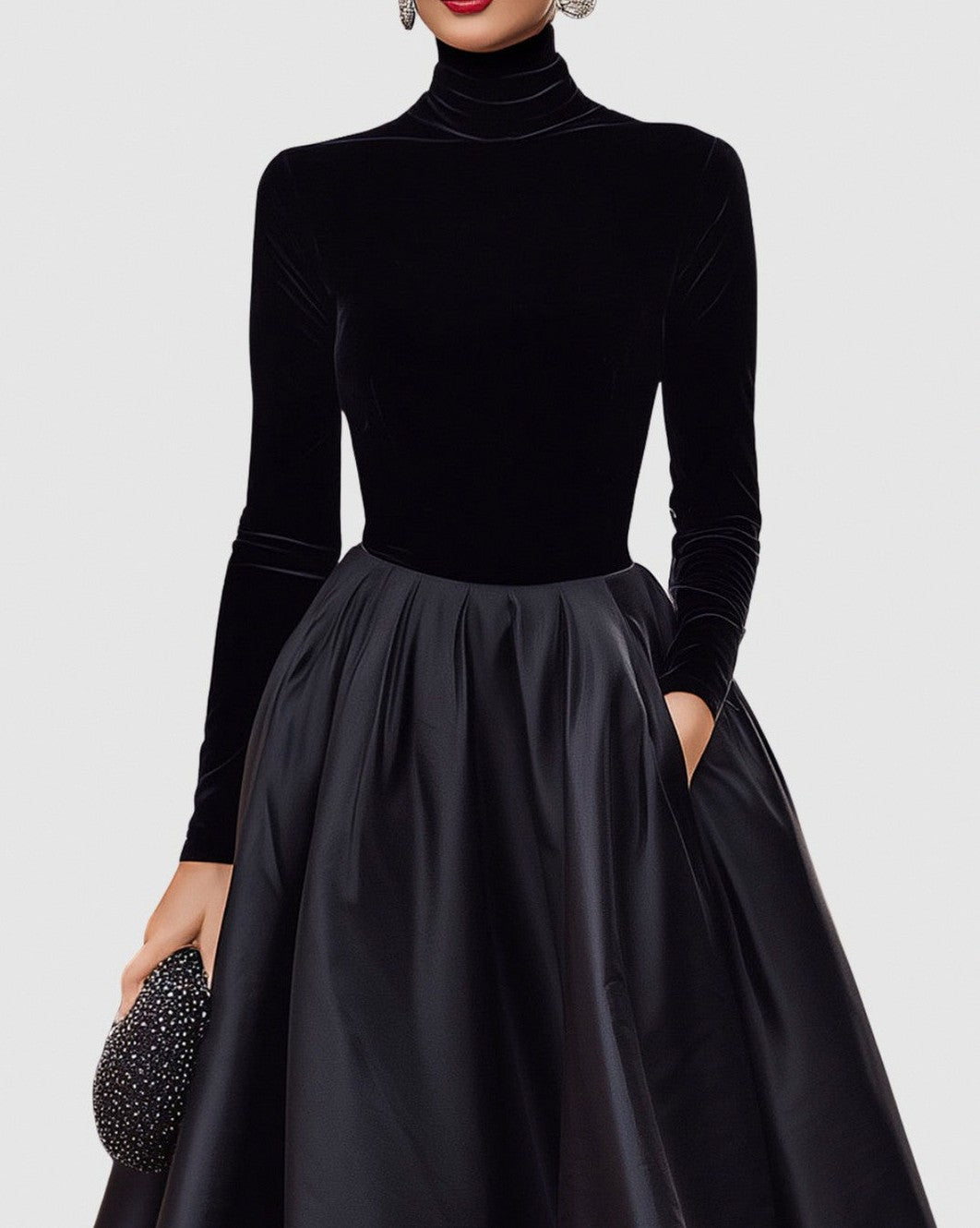 Velvet Turtleneck Long Sleeve Midi Dress