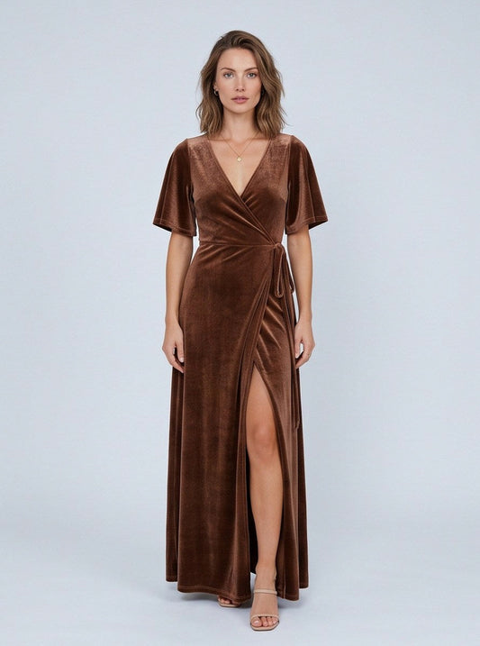 Velvet Wrap Slit Maxi Dress