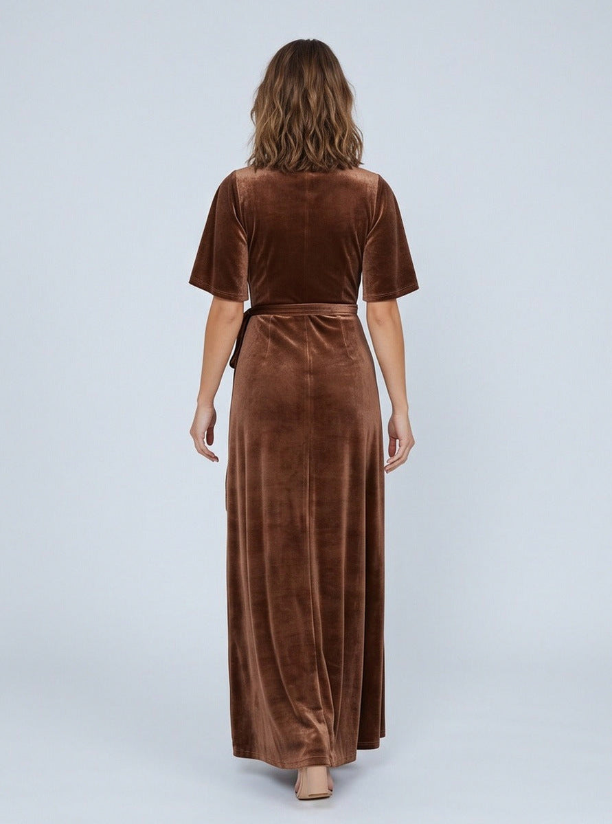 Velvet Wrap Slit Maxi Dress