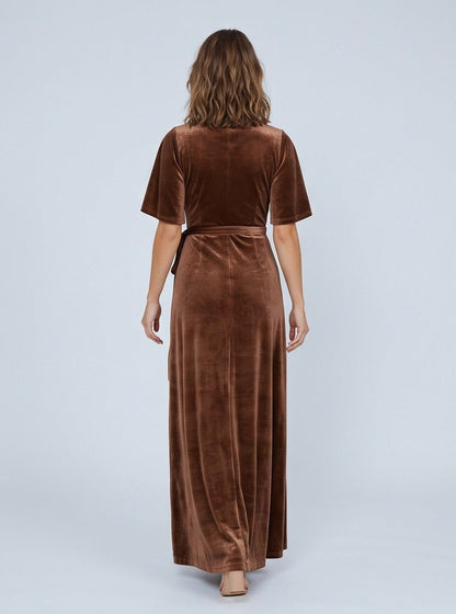 Velvet Wrap Slit Maxi Dress