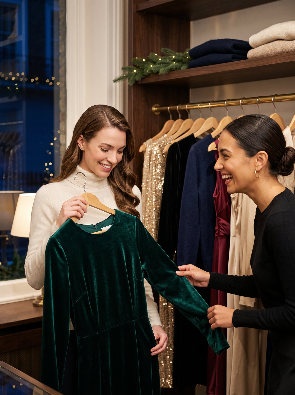Two friends choosing an emerald velvet dress in a boutique
