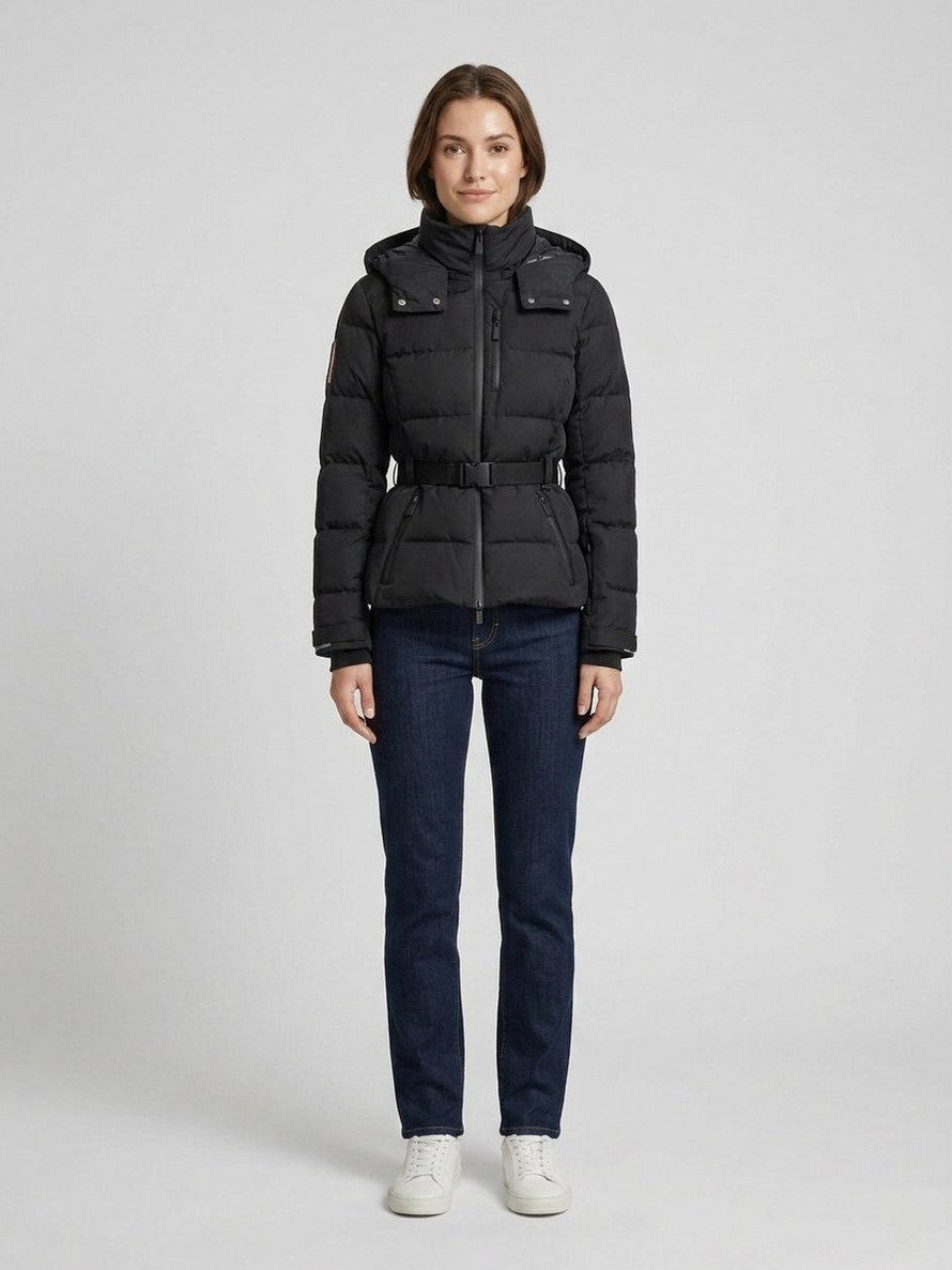 Black belted quilted puffer jacket