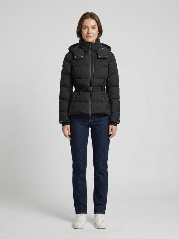 Black belted quilted puffer jacket