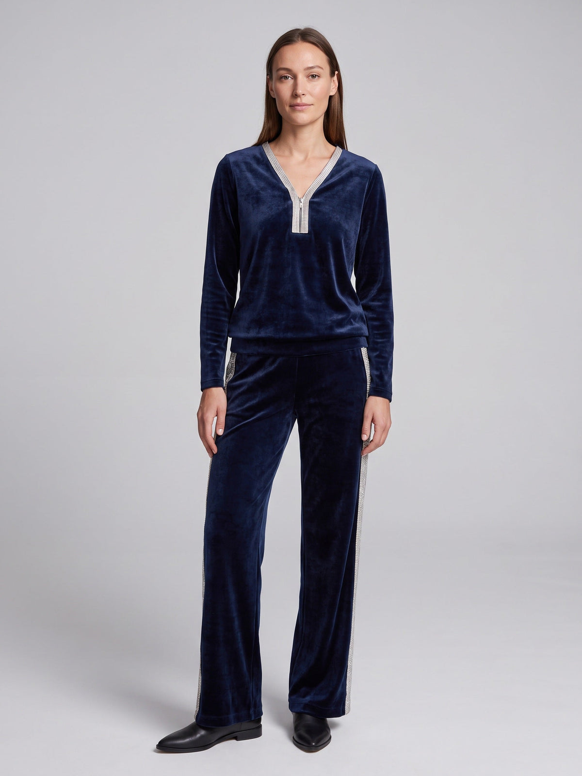 Navy velvet zip neck top and trousers set