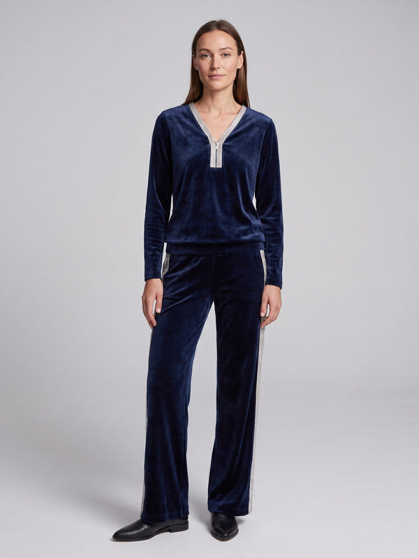 Navy velvet zip neck top and trousers set