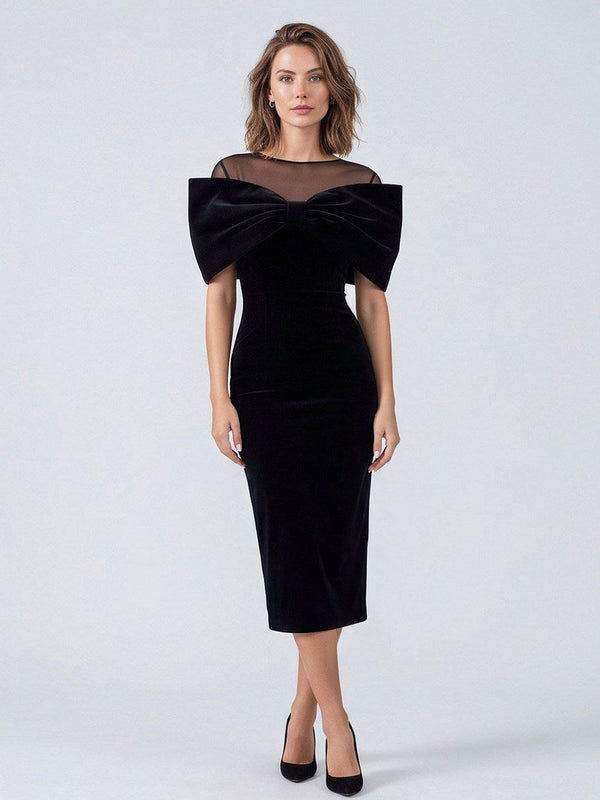 Black velvet midi dress with a bow neckline